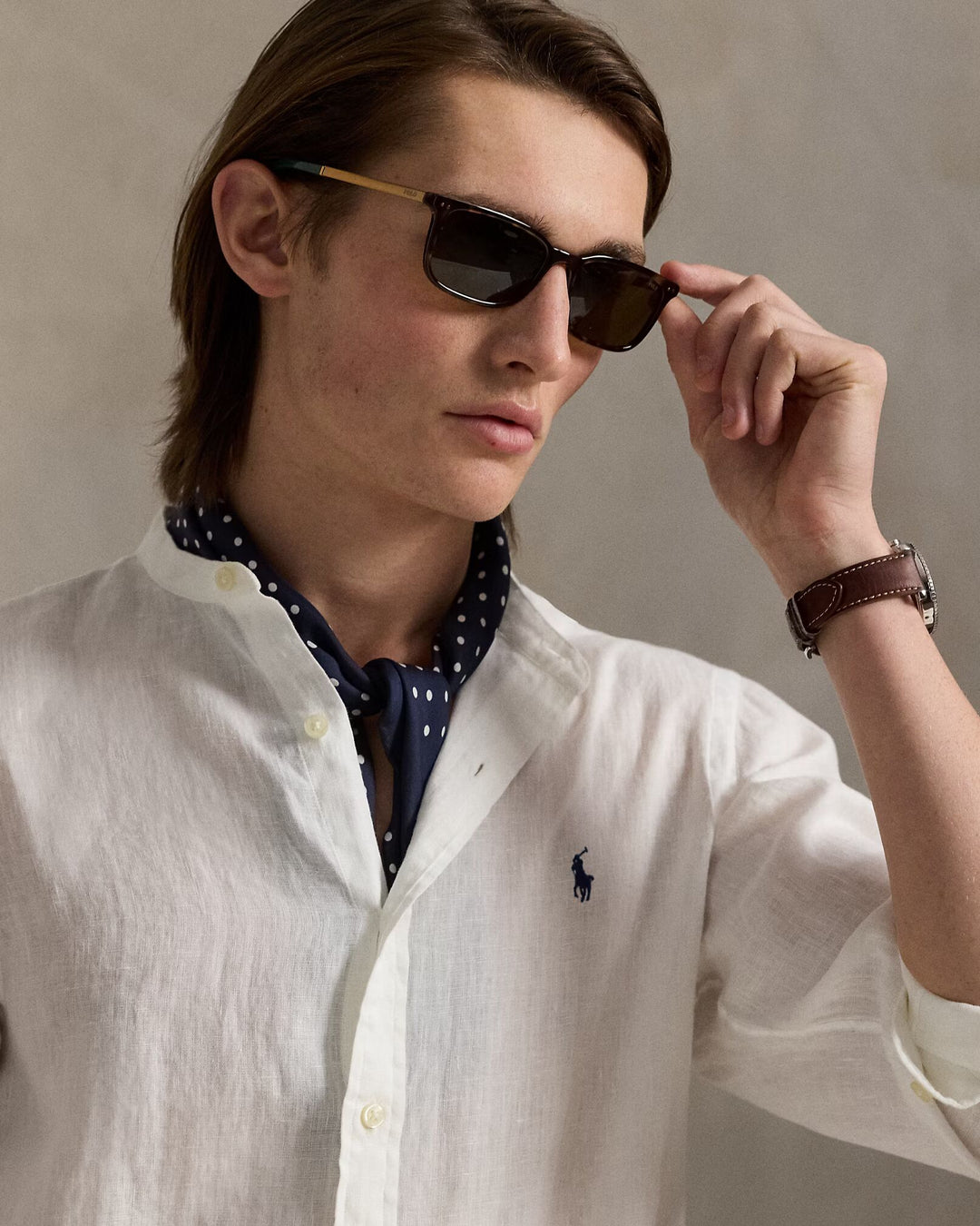 Ralph Lauren Slim Fit Linen Shirt Mandarin Collar | Ceramic White
